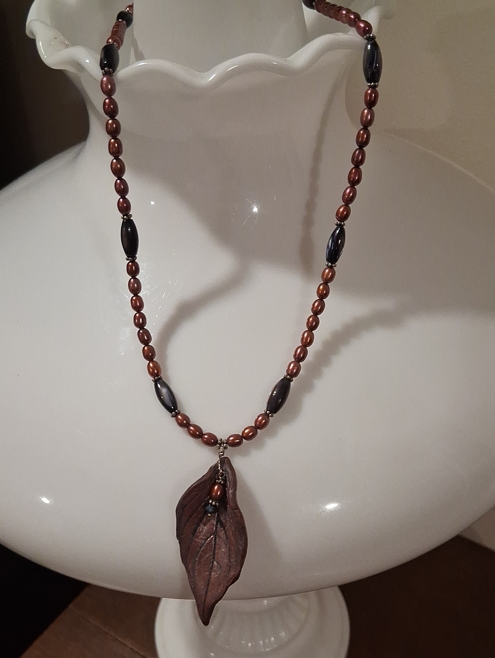 Handcrafted Beaded Leaf Pendant Necklace  Toggle Closure